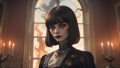 1girl,solo,looking at viewer,blush,smile,short hair,bangs,brown hair,black hair,dress,brown eyes,jewelry,closed mouth,upper body,indoors,blunt bangs,black dress,lips,window,makeup,bob cut,fire,lipstick,brooch,portrait,red lips,candle,flame,burning,candlelight,jacket,signature,eyelashes,eyeshadow,backlighting,eyeliner,candlestand