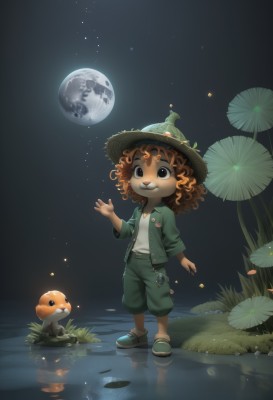 1girl,solo,smile,brown hair,shirt,hat,standing,jacket,flower,open clothes,shoes,pants,dark skin,water,orange hair,black eyes,dark-skinned female,night,leaf,moon,grass,looking up,child,star (sky),reflection,curly hair,green jacket,straw hat,mushroom,planet,green pants,lily pad,turtle,blue eyes,1boy,full body,white shirt,male focus,outdoors,sky,teeth,belt,artist name,hand up,animal,watermark,night sky,web address,1other,full moon,waving,green headwear,frog,green footwear