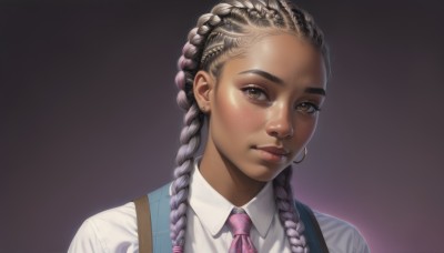 1girl,solo,long hair,looking at viewer,brown hair,shirt,black hair,brown eyes,jewelry,closed mouth,white shirt,upper body,braid,multicolored hair,earrings,necktie,collared shirt,dark skin,twin braids,two-tone hair,dark-skinned female,lips,gradient,gradient background,gradient hair,portrait,freckles,purple background,realistic,nose,undercut,very dark skin,dreadlocks,multiple braids,bangs,simple background,shiny,piercing,black background,hair behind ear,dirty,dark background,pink necktie