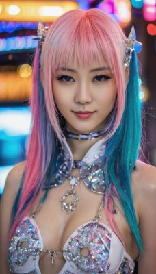 1girl,solo,long hair,breasts,looking at viewer,smile,bangs,hair ornament,cleavage,bare shoulders,jewelry,medium breasts,closed mouth,swimsuit,upper body,pink hair,bikini,multicolored hair,choker,necklace,blurry,black eyes,two-tone hair,lips,aqua hair,makeup,blurry background,gem,realistic,blue hair,gradient hair