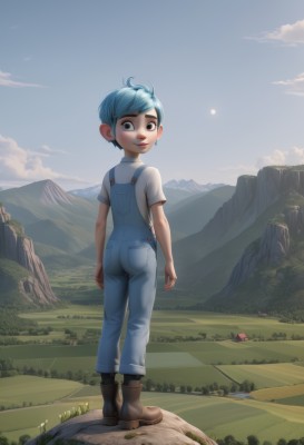 1girl,solo,looking at viewer,blush,smile,short hair,shirt,1boy,brown eyes,jewelry,closed mouth,blue hair,standing,full body,white shirt,ass,short sleeves,male focus,earrings,boots,outdoors,sky,day,looking back,artist name,cloud,from behind,black eyes,blue sky,brown footwear,moon,grass,child,nature,mountain,overalls,male child,field,mountainous horizon,scenery,blue overalls