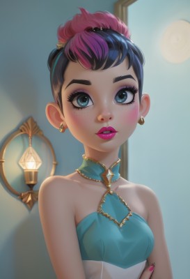 1girl,solo,breasts,looking at viewer,blush,short hair,blue eyes,black hair,hair ornament,bare shoulders,jewelry,collarbone,upper body,pink hair,purple hair,multicolored hair,earrings,small breasts,parted lips,teeth,artist name,nail polish,two-tone hair,lips,fingernails,see-through,bare arms,eyelashes,makeup,halterneck,lipstick,gem,pink nails,eyeshadow,freckles,mirror,pink lips,nose,eyeliner,mascara,bangs,brown hair,dress,sleeveless,indoors,hair bun,gradient hair,blue dress,watermark,single hair bun,web address,lamp,aqua dress