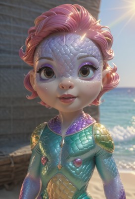 1girl,solo,looking at viewer,smile,short hair,brown eyes,upper body,pink hair,red hair,outdoors,parted lips,sky,day,artist name,water,blurry,blue sky,lips,eyelashes,bodysuit,makeup,depth of field,blurry background,ocean,beach,sunlight,monster girl,child,freckles,curly hair,sun,female child,scales,jewelry,earrings,armor,eyeshadow