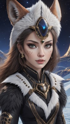 1girl,solo,long hair,looking at viewer,brown hair,hat,animal ears,brown eyes,jewelry,green eyes,upper body,earrings,outdoors,parted lips,sky,artist name,lips,fur trim,eyelashes,night,gem,star (sky),snow,starry sky,freckles,gold trim,snowing,nose,ears through headwear,necklace,makeup,facial mark,night sky,realistic,headpiece