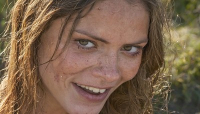 1girl,solo,long hair,looking at viewer,smile,open mouth,brown hair,hat,brown eyes,green eyes,outdoors,teeth,mole,blurry,lips,depth of field,blurry background,messy hair,portrait,close-up,freckles,realistic,nose,straw hat,dirty,mole on cheek,:d,grin,eyelashes,blood,forehead,blood on face