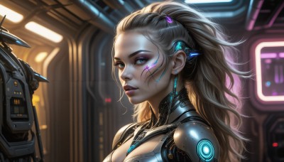 HQ,1girl,solo,long hair,breasts,looking at viewer,blue eyes,blonde hair,cleavage,jewelry,medium breasts,upper body,ponytail,earrings,parted lips,blurry,lips,eyelashes,makeup,blurry background,glowing,headgear,facial mark,robot,portrait,forehead,science fiction,realistic,nose,red lips,eyeliner,cyborg,hair pulled back,cyberpunk,indoors,from side,wavy hair,lipstick,close-up,eyeshadow,pink lips,cable,mascara