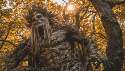 solo,long hair,open mouth,1boy,upper body,weapon,male focus,outdoors,sword,tree,muscular,glowing,facial hair,leaf,abs,nature,facing viewer,beard,forest,branch,orange theme,no humans,colored skin,monster,sun,giant,grey skin,extra arms