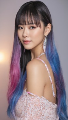 1girl,solo,long hair,breasts,looking at viewer,smile,bangs,black hair,bare shoulders,brown eyes,jewelry,medium breasts,closed mouth,underwear,blue hair,upper body,pink hair,multicolored hair,earrings,blunt bangs,off shoulder,bra,black eyes,from side,two-tone hair,lips,looking to the side,gradient hair,lingerie,lace,white bra,realistic,pink bra,nose,simple background,necklace