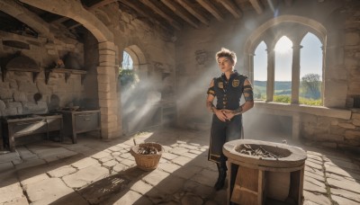 solo,short hair,brown hair,1boy,brown eyes,standing,male focus,boots,outdoors,food,day,belt,pants,indoors,water,black footwear,uniform,apron,vest,facial hair,black pants,sunlight,plant,scenery,armband,basket,pillar,black hair,sky,window,tattoo,shadow,scar,table,own hands together,light rays,fantasy,ruins,hands on own stomach