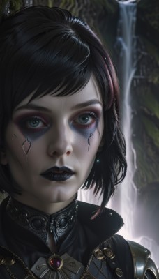 1girl,solo,looking at viewer,short hair,bangs,blue eyes,black hair,jewelry,closed mouth,green eyes,earrings,water,armor,blurry,lips,makeup,blurry background,swept bangs,bob cut,lipstick,brooch,gem,portrait,eyeshadow,realistic,nose,eyeliner,facepaint,waterfall,black lips,parted lips,artist name,eyelashes,piercing,nose piercing