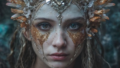 1girl,solo,long hair,looking at viewer,blue eyes,brown hair,hair ornament,brown eyes,closed mouth,artist name,water,blurry,lips,eyelashes,depth of field,blurry background,portrait,close-up,freckles,realistic,nose,straight-on,green eyes,expressionless,gold