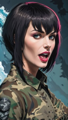 1girl,solo,looking at viewer,short hair,open mouth,bangs,blue eyes,black hair,jacket,upper body,parted lips,teeth,tongue,uniform,lips,military,eyelashes,military uniform,makeup,thick eyebrows,lipstick,portrait,realistic,nose,camouflage,camouflage jacket,from side