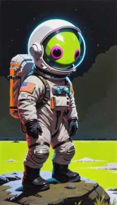 solo,gloves,1boy,standing,full body,male focus,boots,outdoors,sky,black gloves,pink eyes,bag,black footwear,moon,backpack,helmet,grass,star (sky),1other,starry sky,rock,space,american flag,spacesuit,space helmet,astronaut,night,flag,ambiguous gender