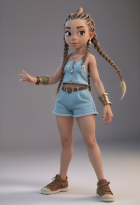 1girl,solo,long hair,looking at viewer,smile,brown hair,navel,bare shoulders,twintails,brown eyes,jewelry,standing,collarbone,full body,braid,earrings,shoes,shorts,midriff,belt,dark skin,necklace,twin braids,flat chest,bracelet,dark-skinned female,lips,brown footwear,ring,tank top,denim,sneakers,child,freckles,blue shorts,denim shorts,female child,brown belt,very dark skin,dreadlocks,multiple braids,breasts,simple background,closed mouth,small breasts,short shorts,aged down