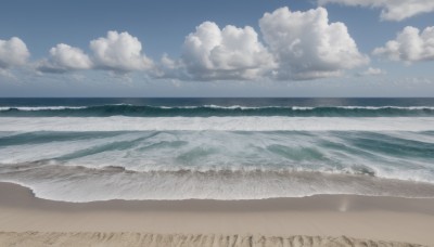 outdoors,sky,day,cloud,water,blue sky,no humans,ocean,beach,cloudy sky,scenery,sand,horizon,waves,shore,monochrome