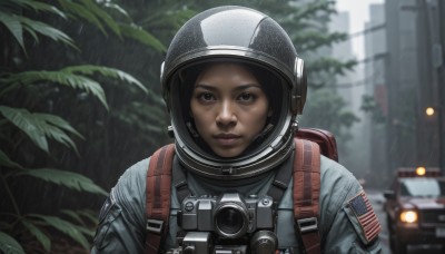 1girl,solo,looking at viewer,short hair,black hair,brown eyes,closed mouth,upper body,outdoors,dark skin,bag,blurry,uniform,dark-skinned female,tree,lips,military,depth of field,blurry background,backpack,helmet,plant,ground vehicle,building,motor vehicle,rain,realistic,camera,car,american flag,japanese flag,black eyes,leaf,portrait,serious,nose,spacesuit,space helmet,united states,astronaut