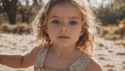 1girl,solo,looking at viewer,short hair,open mouth,blue eyes,blonde hair,dress,bare shoulders,upper body,outdoors,parted lips,teeth,sleeveless,medium hair,white dress,blurry,lips,grey eyes,depth of field,blurry background,wavy hair,child,portrait,forehead,freckles,curly hair,realistic,female child,long hair,day,artist name,eyelashes,watermark,sunlight,aged down,backlighting