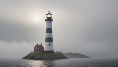 outdoors,sky,day,cloud,water,no humans,window,ocean,cloudy sky,grass,building,scenery,lantern,mountain,sun,house,lamppost,river,tower,fog,grey sky,horizon,light,scarlet devil mansion,lighthouse