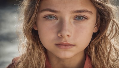 1girl,solo,long hair,looking at viewer,blue eyes,blonde hair,closed mouth,cloud,blurry,lips,eyelashes,wavy hair,expressionless,cloudy sky,messy hair,portrait,close-up,freckles,realistic,nose,brown hair