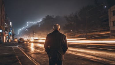 solo,short hair,long sleeves,1boy,standing,jacket,male focus,outdoors,sky,pants,cloud,from behind,tree,black jacket,night,black pants,ground vehicle,building,night sky,scenery,motor vehicle,city,hands in pockets,electricity,car,road,lamppost,street,lightning,white hair,rain,realistic,facing away,light,city lights,lights