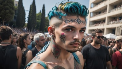 1girl,looking at viewer,short hair,multiple girls,brown hair,shirt,black hair,hat,jewelry,green eyes,blue hair,collarbone,upper body,white hair,short sleeves,male focus,multicolored hair,earrings,outdoors,multiple boys,solo focus,day,necklace,blurry,two-tone hair,lips,black shirt,tattoo,depth of field,blurry background,facial hair,piercing,sunglasses,tank top,red shirt,ear piercing,beard,6+boys,realistic,nose,mustache,arm tattoo,very short hair,undercut,facial tattoo,crowd,mohawk,neck tattoo,dreadlocks,people,long hair,facial mark,facepaint