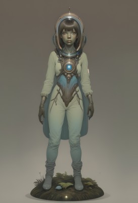 1girl,solo,looking at viewer,short hair,bangs,simple background,brown hair,black hair,gloves,brown eyes,standing,full body,boots,parted lips,lips,gradient,gradient background,bodysuit,helmet,grass,brown background,science fiction,realistic,arms at sides,spacesuit,space helmet,astronaut,white background,blunt bangs,colored skin,green skin,alien