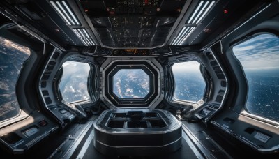 sky,no humans,window,star (sky),scenery,reflection,science fiction,space,planet,earth (planet),spacecraft,spacesuit,cockpit,cloud,english text,robot,machinery,realistic,horizon