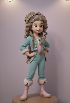 1girl,solo,long hair,smile,brown hair,brown eyes,very long hair,standing,jacket,full body,hairband,boots,open clothes,belt,pants,dark skin,dark-skinned female,lips,fur trim,child,curly hair,hands on hips,pink footwear,fur-trimmed boots,fur boots,looking at viewer,simple background,shirt,jewelry,necklace,flat chest,watermark,knife,web address