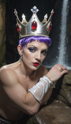 1girl,solo,looking at viewer,short hair,1boy,jewelry,sitting,purple hair,male focus,earrings,parted lips,pants,signature,water,black eyes,lips,grey eyes,makeup,topless,ring,crown,lipstick,eyeshadow,topless male,realistic,red lips,waterfall,navel,artist name,gem