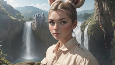 1girl,solo,looking at viewer,blush,smile,short hair,brown hair,shirt,animal ears,brown eyes,white shirt,upper body,outdoors,parted lips,sky,day,collared shirt,cloud,water,hair bun,tree,blue sky,lips,grey eyes,buttons,portrait,scenery,freckles,pocket,mountain,realistic,breast pocket,river,castle,waterfall,cliff,rabbit ears,sunlight,nature,extra ears,forehead,nose,rabbit girl,viera