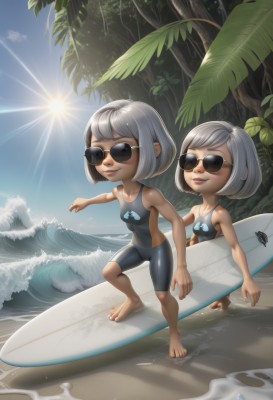 breasts,smile,short hair,bangs,multiple girls,holding,2girls,closed mouth,standing,collarbone,swimsuit,full body,white hair,grey hair,small breasts,outdoors,sky,barefoot,day,shiny,artist name,signature,water,tree,lips,one-piece swimsuit,bodysuit,toes,siblings,ocean,beach,sunlight,sunglasses,bob cut,bug,pointing,sand,palm tree,sun,summer,waves,surfboard,footprints,wetsuit,1girl,chibi