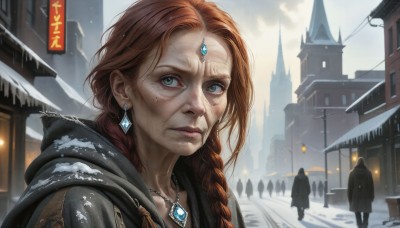 HQ,1girl,long hair,looking at viewer,brown hair,jewelry,green eyes,braid,red hair,earrings,outdoors,multiple boys,sky,solo focus,hood,necklace,twin braids,lips,hood down,building,gem,snow,pendant,freckles,snowing,city,realistic,nose,fantasy,house,winter,multiple others,forehead jewel,lamppost,old woman,closed mouth,day,cloud,cape,eyelashes,single braid,makeup,scenery,road,street,crowd,banner