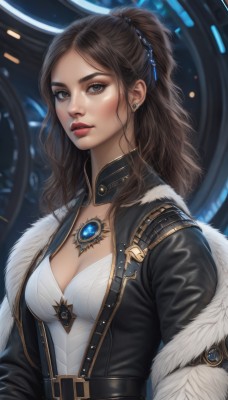 1girl,solo,long hair,breasts,looking at viewer,brown hair,hair ornament,cleavage,brown eyes,jewelry,medium breasts,jacket,upper body,ponytail,earrings,parted lips,open clothes,belt,necklace,blurry,lips,coat,black jacket,grey eyes,fur trim,makeup,blurry background,wavy hair,lipstick,brooch,gem,buckle,pendant,half updo,nose,red lips,bangs,open jacket,parted bangs,realistic