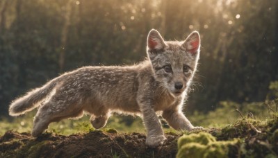 looking at viewer,full body,outdoors,day,blurry,black eyes,tree,no humans,depth of field,blurry background,animal,sunlight,cat,grass,plant,nature,forest,running,realistic,animal focus,signature,moss