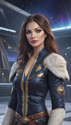 1girl,solo,long hair,breasts,looking at viewer,smile,large breasts,brown hair,cleavage,brown eyes,jewelry,medium breasts,jacket,upper body,earrings,belt,lips,fur trim,makeup,night,lipstick,star (sky),realistic,nose,red lips,closed mouth,artist name,signature,grey eyes,bodysuit,eyeshadow,emblem