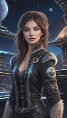 1girl,solo,long hair,breasts,looking at viewer,brown hair,cleavage,brown eyes,jewelry,medium breasts,jacket,earrings,parted lips,open clothes,sky,belt,signature,open jacket,lips,coat,fur trim,makeup,night,moon,lipstick,building,star (sky),night sky,buckle,full moon,starry sky,science fiction,city,realistic,nose,cityscape,leather,planet,underwear,upper body,artist name,bra,black jacket,bodysuit,eyeshadow,emblem,red lips,space,badge,earth (planet),spacecraft