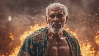 solo,looking at viewer,1boy,closed mouth,upper body,white hair,male focus,japanese clothes,open clothes,kimono,facial hair,scar,moon,fire,pectorals,beard,full moon,mature male,realistic,mustache,bald,manly,old,old man,embers,burning,wrinkled skin,jewelry,earrings,black eyes,thick eyebrows,portrait,scar on face,scar across eye,chest hair