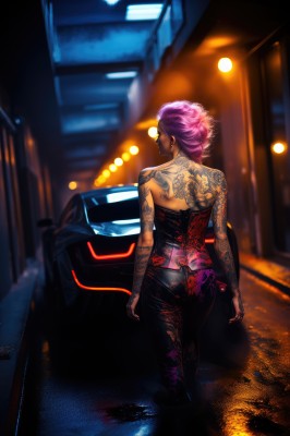 1girl,solo,short hair,bare shoulders,jewelry,standing,pink hair,purple hair,ass,earrings,looking back,pants,dark skin,from behind,blurry,dark-skinned female,tattoo,night,blurry background,back,black pants,piercing,ground vehicle,motor vehicle,corset,car,road,arm tattoo,undercut,back tattoo,outdoors,alternate hairstyle,depth of field,ear piercing,walking,alternate hair length,stud earrings,very short hair,street,neon lights,full-body tattoo