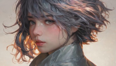 1girl,solo,looking at viewer,short hair,bangs,simple background,brown hair,shirt,black hair,closed mouth,white shirt,grey hair,parted lips,collared shirt,black eyes,from side,lips,looking to the side,grey eyes,eyelashes,floating hair,wing collar,messy hair,portrait,realistic,nose,red lips,blush,medium hair,grey background,wind,close-up,backlighting,freckles