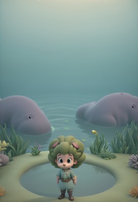 solo,looking at viewer,1boy,animal ears,brown eyes,standing,full body,male focus,boots,green hair,belt,water,black eyes,night,brown footwear,fish,lily pad,1girl,smile,short hair,open mouth,blue eyes,leaf,grass,plant