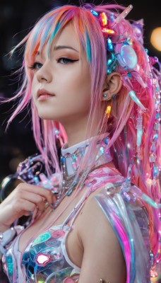 1girl,solo,long hair,breasts,looking at viewer,bangs,blue eyes,hair ornament,cleavage,bare shoulders,jewelry,medium breasts,upper body,pink hair,multicolored hair,earrings,nail polish,blurry,bracelet,from side,lips,grey eyes,makeup,headgear,hand on own chest,science fiction,realistic,nose,closed mouth,underwear,blue hair,parted lips,artist name,necklace,bra,streaked hair,fingernails,see-through,eyelashes,depth of field,watermark,piercing,lipstick,gem,ear piercing,portrait,web address,eyeshadow,blue nails,beads,crystal,water drop,bokeh,mascara,nail art,diamond (gemstone)