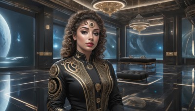 1girl,solo,long hair,looking at viewer,brown hair,long sleeves,brown eyes,upper body,parted lips,indoors,black eyes,lips,window,makeup,chair,facial mark,table,lipstick,star (sky),science fiction,curly hair,forehead mark,realistic,nose,fantasy,red lips,space,planet,alien,earth (planet),spacecraft,breasts,black hair,jewelry,night,wavy hair,moon,third eye,fish,surreal,aquarium