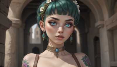 1girl,solo,looking at viewer,short hair,bangs,blue eyes,hair ornament,bare shoulders,jewelry,collarbone,flower,hairband,earrings,parted lips,green hair,teeth,choker,artist name,hair flower,blunt bangs,blurry,aqua eyes,lips,eyelashes,tattoo,blurry background,thick eyebrows,gem,portrait,freckles,nose,arm tattoo,shoulder tattoo,mascara,neck tattoo,green eyes,braid,indoors,aqua hair,makeup,white flower,red lips,pillar,blue gemstone,green gemstone,brown choker