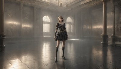 1girl,solo,breasts,looking at viewer,short hair,bangs,skirt,brown hair,shirt,dress,holding,brown eyes,closed mouth,school uniform,standing,collarbone,full body,short sleeves,pleated skirt,boots,socks,indoors,black skirt,black footwear,armor,black dress,high heels,kneehighs,window,watermark,sunlight,knee boots,black socks,reflection,light rays,tiles,tile floor,pillar,hallway,reflective floor,black hair,medium breasts,scenery,backlighting,arms at sides,light,architecture,wide shot,church,arch,chandelier