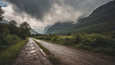 outdoors,sky,day,cloud,tree,no humans,cloudy sky,grass,nature,scenery,forest,mountain,road,bush,river,landscape,path,hill,sunlight,mountainous horizon