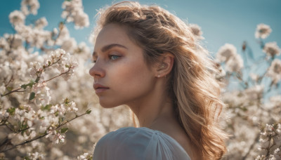 1girl, solo, long hair, looking at viewer, blue eyes, blonde hair, jewelry, upper body, flower, earrings, outdoors, parted lips, sky, day, mole, blurry, blue sky, lips, mole under eye, depth of field, blurry background, freckles, realistic, nose