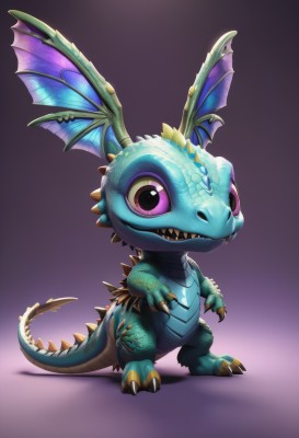 solo,looking at viewer,open mouth,simple background,standing,purple eyes,tail,full body,wings,horns,teeth,pink eyes,chibi,gradient,gradient background,no humans,shadow,fangs,sharp teeth,claws,purple background,dragon,scales,pokemon (creature),head wings,realistic,digimon (creature)