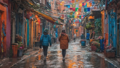 outdoors, multiple boys, pants, hood, bag, from behind, coat, night, plant, scenery, walking, rain, lantern, city, potted plant, road, street, alley, pavement, vanishing point, storefront