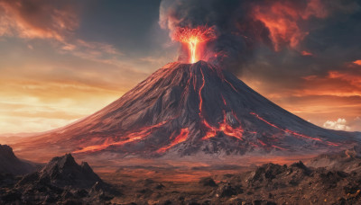 outdoors, sky, cloud, no humans, cloudy sky, fire, scenery, mountain, landscape, molten rock