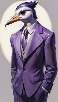 solo,simple background,shirt,long sleeves,1boy,white background,standing,jacket,white shirt,male focus,cowboy shot,necktie,collared shirt,pants,artist name,vest,no humans,bird,animal,formal,suit,furry,hands in pockets,furry male,animal focus,purple necktie,purple vest,beak,looking at viewer,closed mouth,glasses,grey background,black eyes,buttons,black necktie,purple jacket